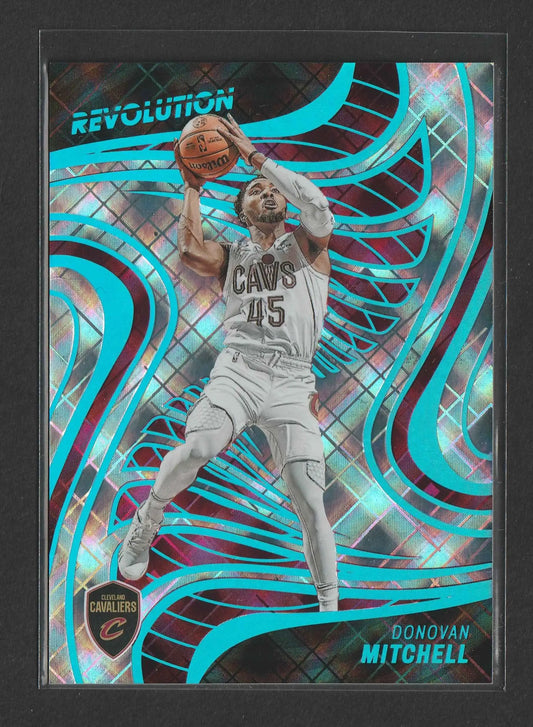 A vibrant turquoise and silver holographic donovan mitchell 2022-23 panini revolution cosmic basketball card #72 in cavaliers jersey
