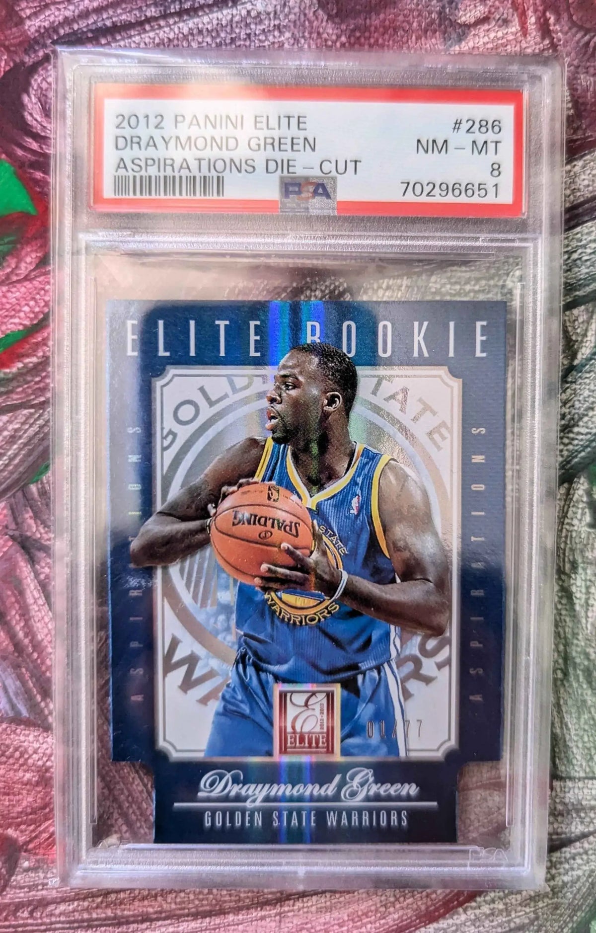 Draymond green 2012 panini elite aspirations die-cut rookie card in psa 8 slab featuring warriors jersey and orange basketball