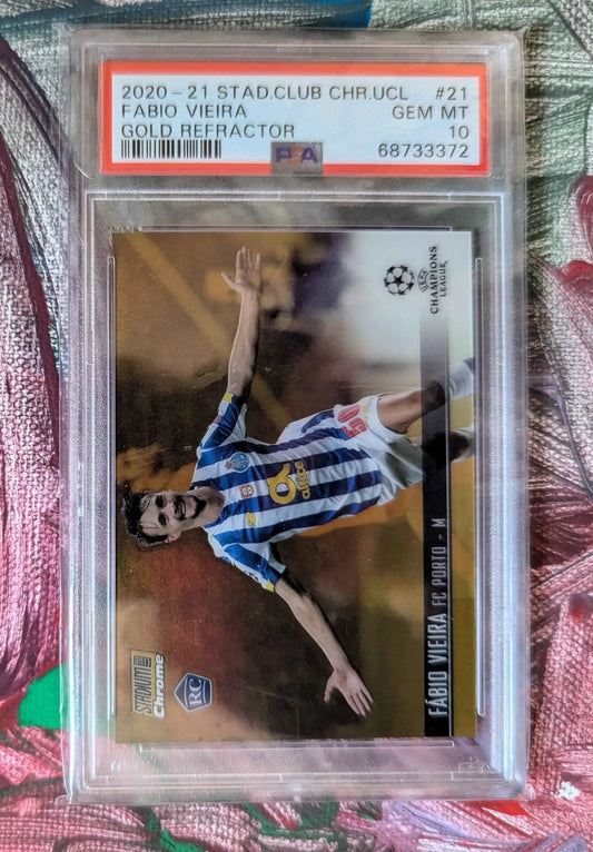 Fabio Vieira 2020 Topps stadium chrome gold refractor trading card in blue and white striped jersey limited 31 of 50