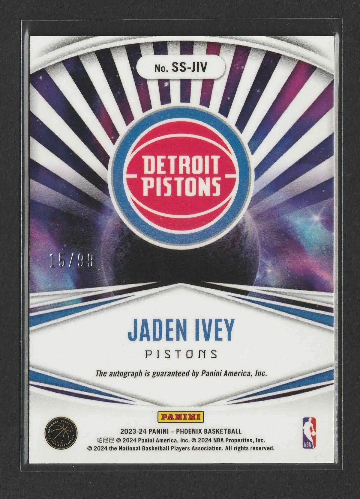 Detroit pistons basketball trading card mit jaden ivey und kosmischem design plus rot-blauem teamlogo