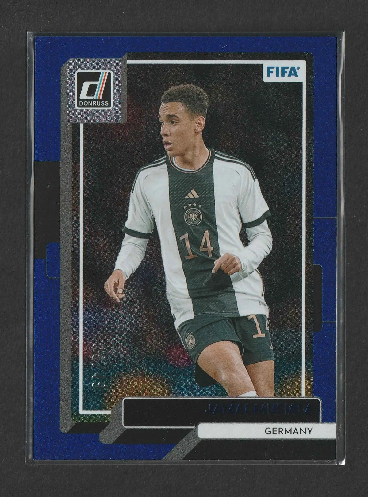 Blue-bordered donruss fifa trading card featuring german soccer player jamal musiala in white black jersey number 14
