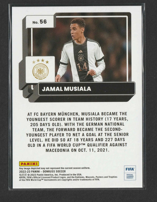 Weiß-schwarze jamal musiala fußball trading card in deutscher nationalmannschafts trikot nummer 14 2022-23 panini donruss blue 09/49 #56