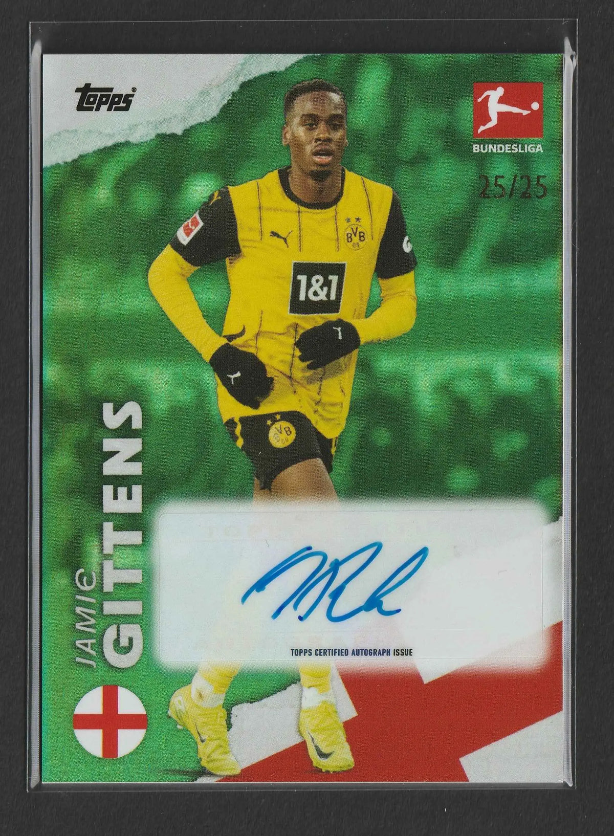 Gelb schwarzes borussia dortmund fußballtrikot mit 1&1 sponsor und puma emblem auf der brust jamie gittens 2025 topps bundesliga international stars teal auto 25 von 25