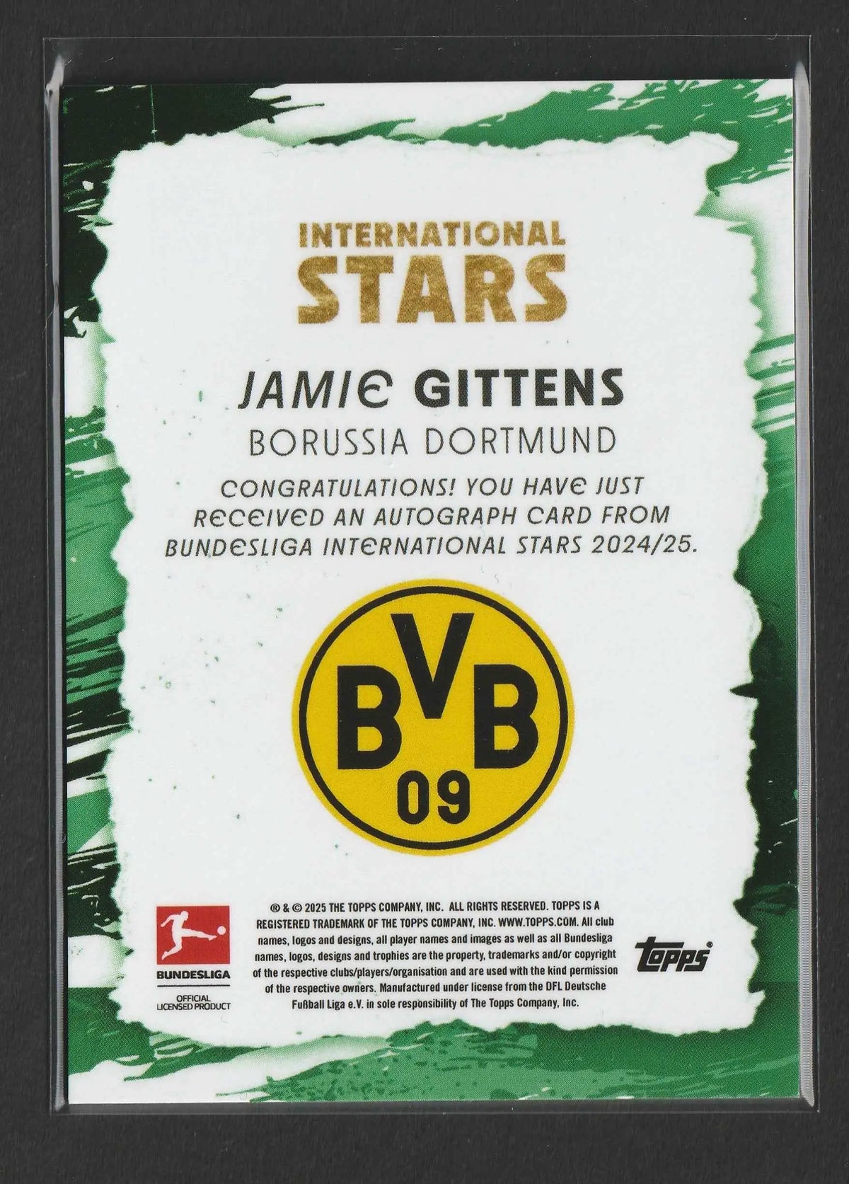 Goldgeprägte international stars autographkarte von jamie gittens mit borussia dortmund bvb 09 logo auf weißem hintergrund