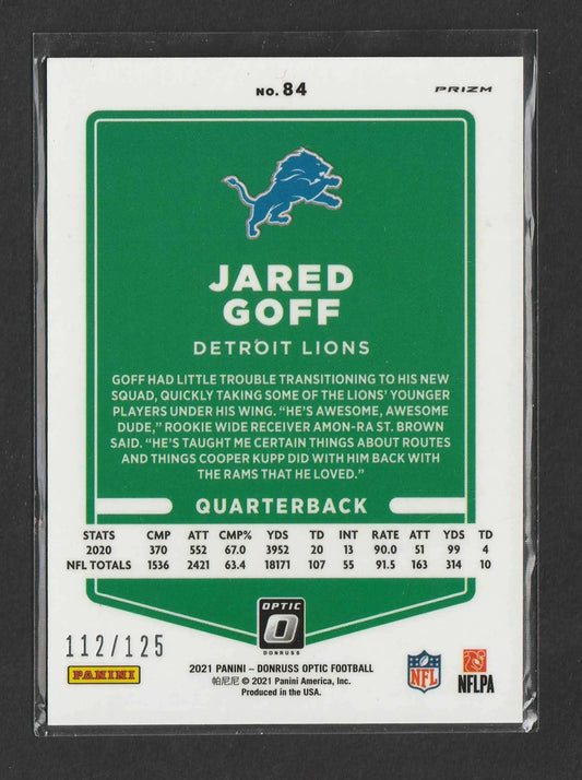 Grüne und weiße football trading card mit detroit lions logo und spieler jared goff name stats rückseite