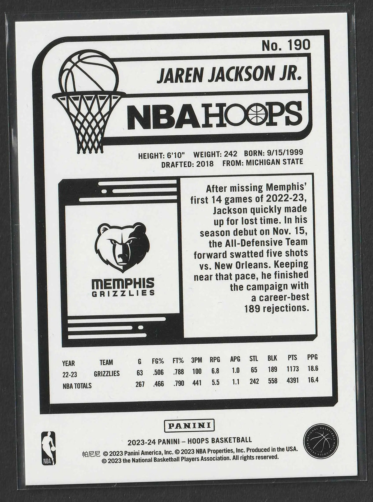 Schwarz weiß nba hoops trading card von jaren jackson jr hyper green edition 2023/24 nummer 190 von panini