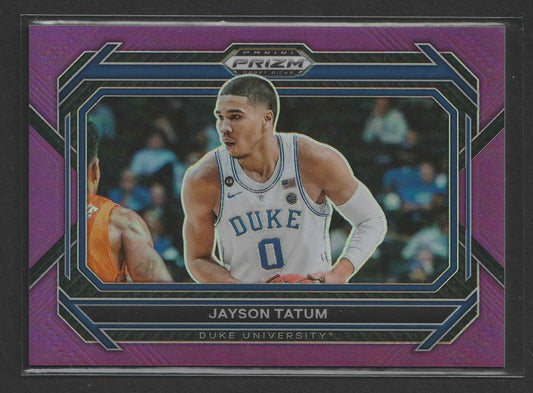 Violett und blau schimmernde prizm trading card von jayson tatum in weißem duke university trikot nummer 0 aus 2023 panini prizm draft picks 27 von 75 nummer 51