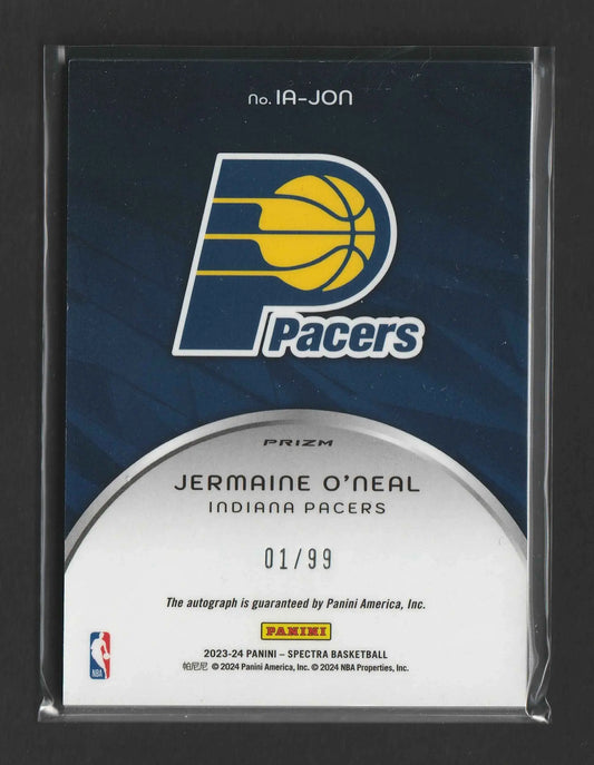 Dies ist eine 2023-24 panini spectra basketball trading card mit jermaine oneal, nummeriert 1 von 99 und signiert