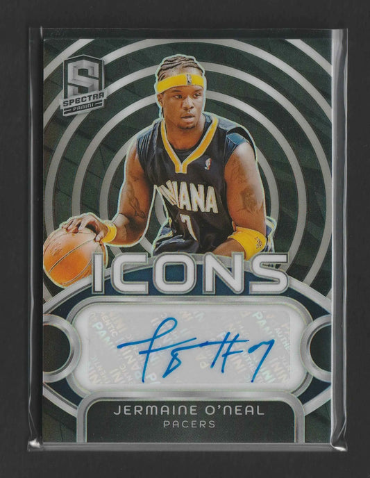 Schwarze und gelbe jermaine oneal basketball trading card von indiana pacers mit blauem autogramm 2023-24 panini spectra icons