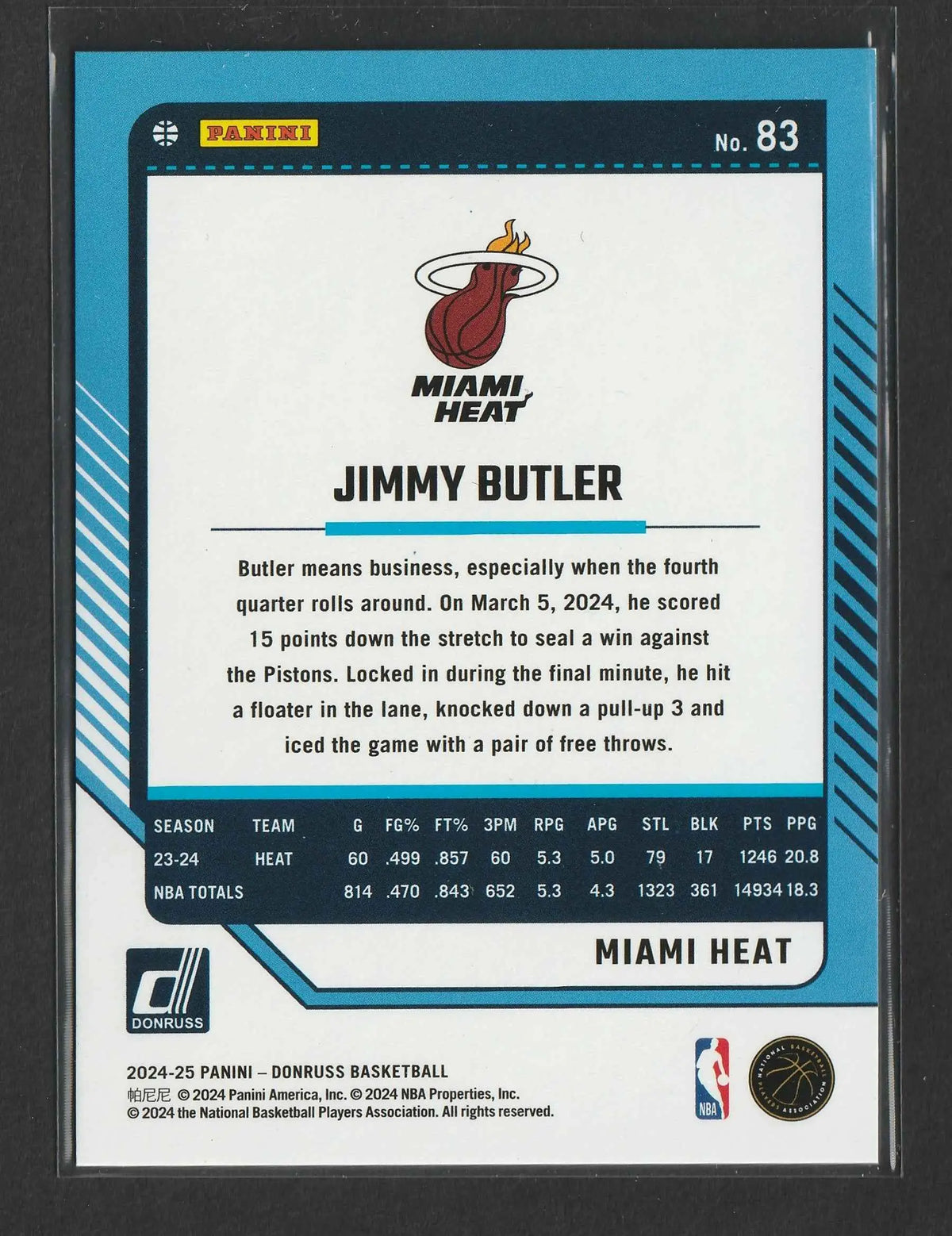 Dies ist eine blaue und weiße 2024-25 panini donruss basketball trading card mit jimmy butler von den miami heat