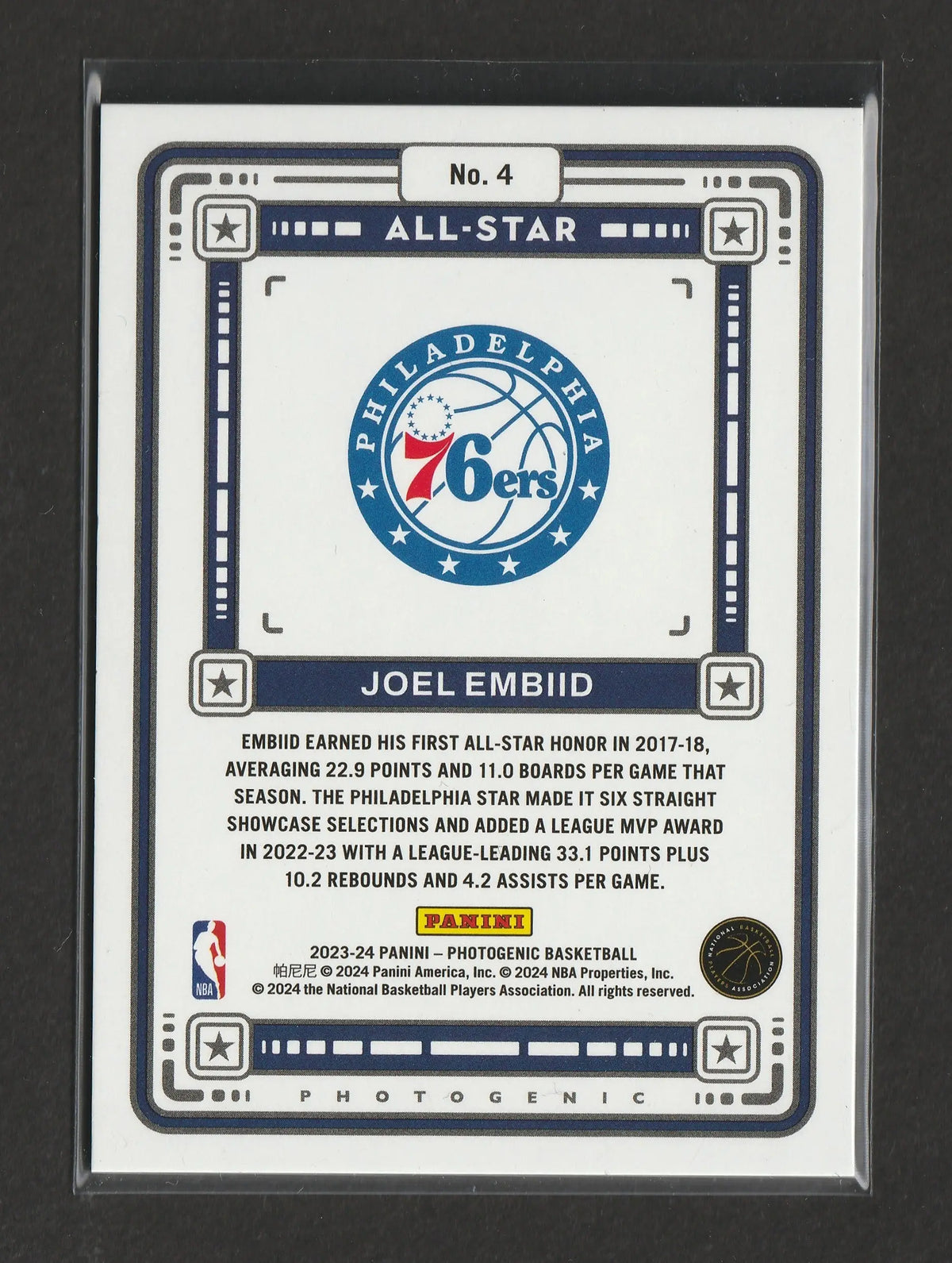 Philadelphia 76ers joel embiid all-star trading card panini revolution lava mit weißem navy blauem design und teamlogo