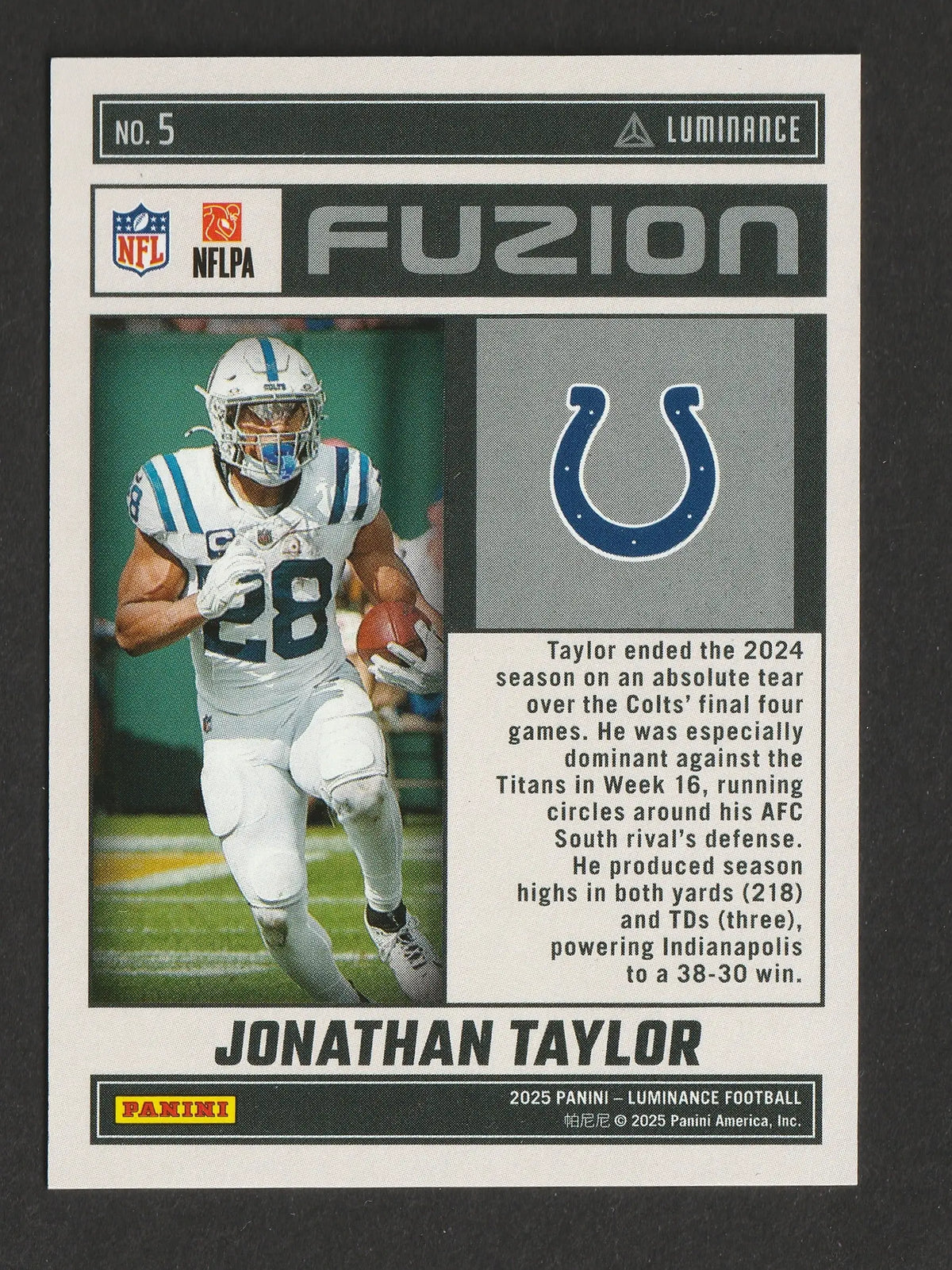 Jonathan taylor 2025 panini luminance football trading card in white and blue indianapolis colts design for panini black friday