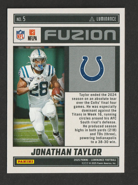 Jonathan taylor 2025 panini luminance football trading card in white and blue indianapolis colts design for panini black friday