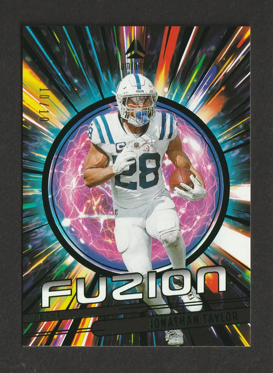Weißes indianapolis colts footballkarte mit jonathan taylor nummer 28 vor regenbogenhintergrund panini black friday