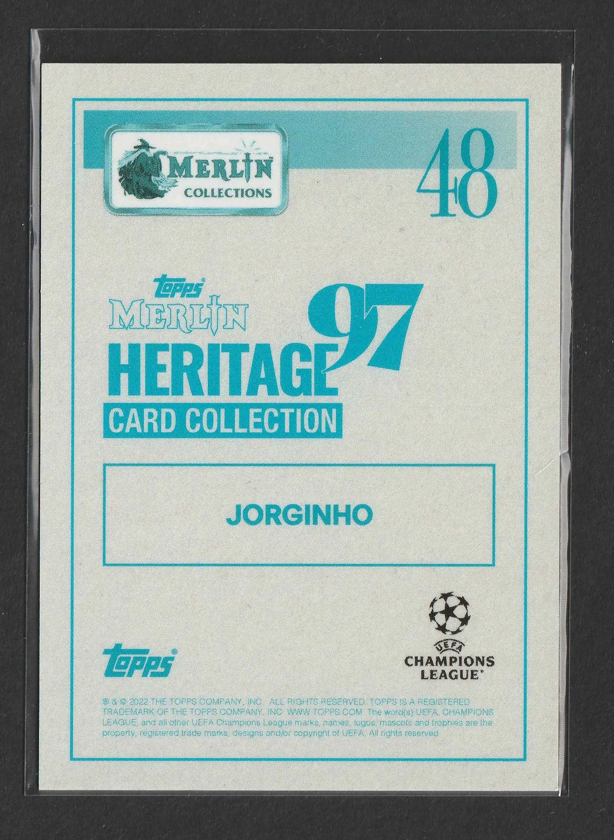 Dies ist eine teal-weiße 1997 topps merlin heritage karte von jorginho aus der uefa champions league sammlung