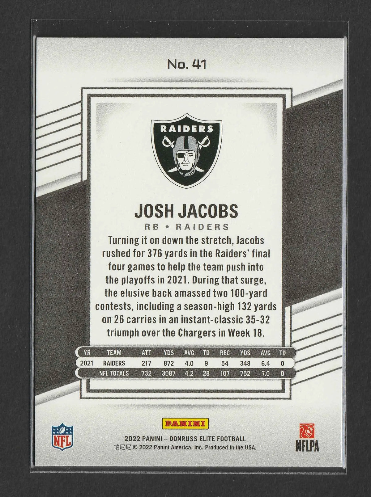 Schwarz-silberner raiders football trading card von josh jacobs rb mit roter nummer 41 von panini donruss elite 2022