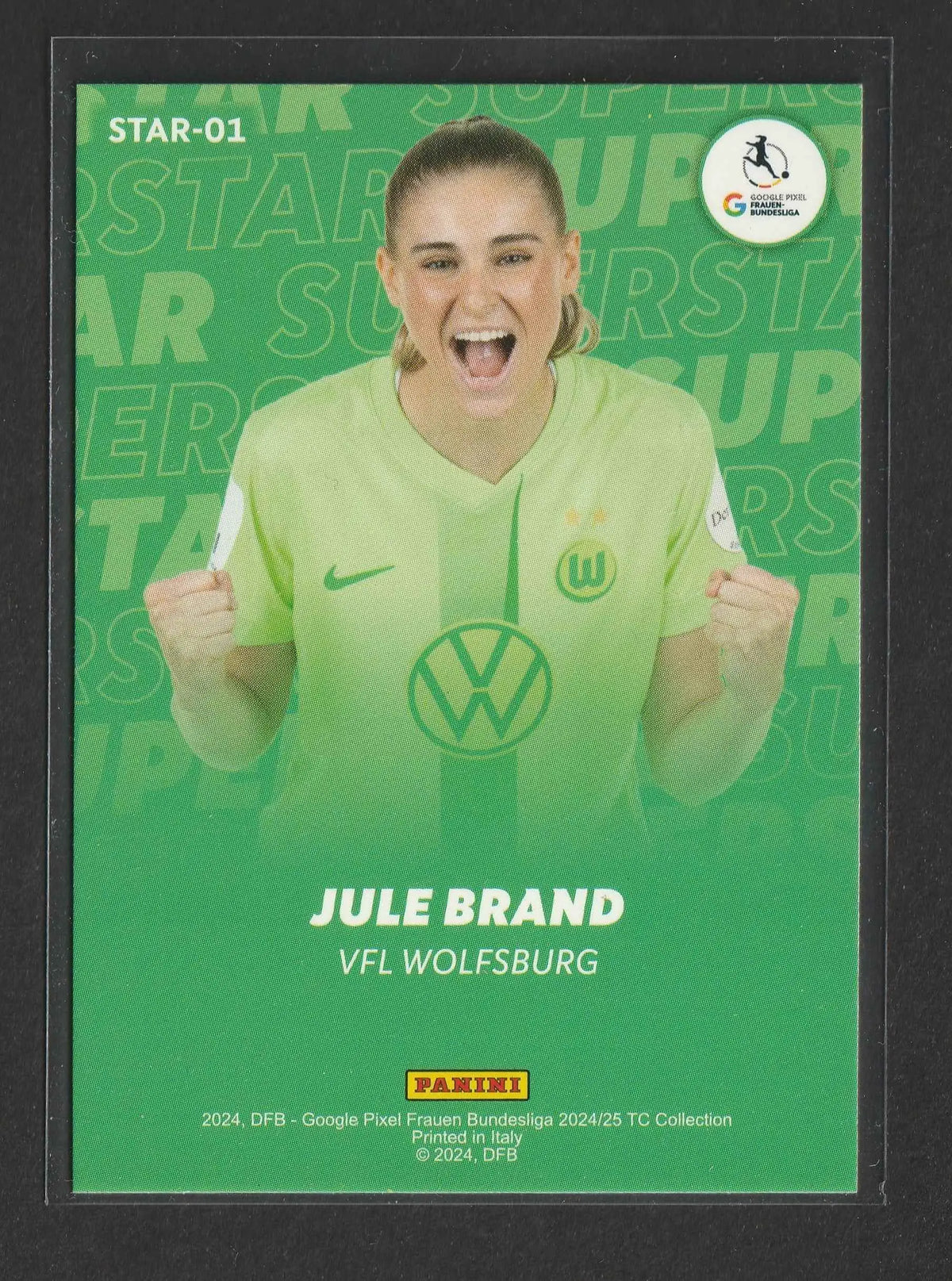 Jule brand 2024-25 panini frauen bundesliga trikot in limettengrün mit volkswagen logo und nike swoosh