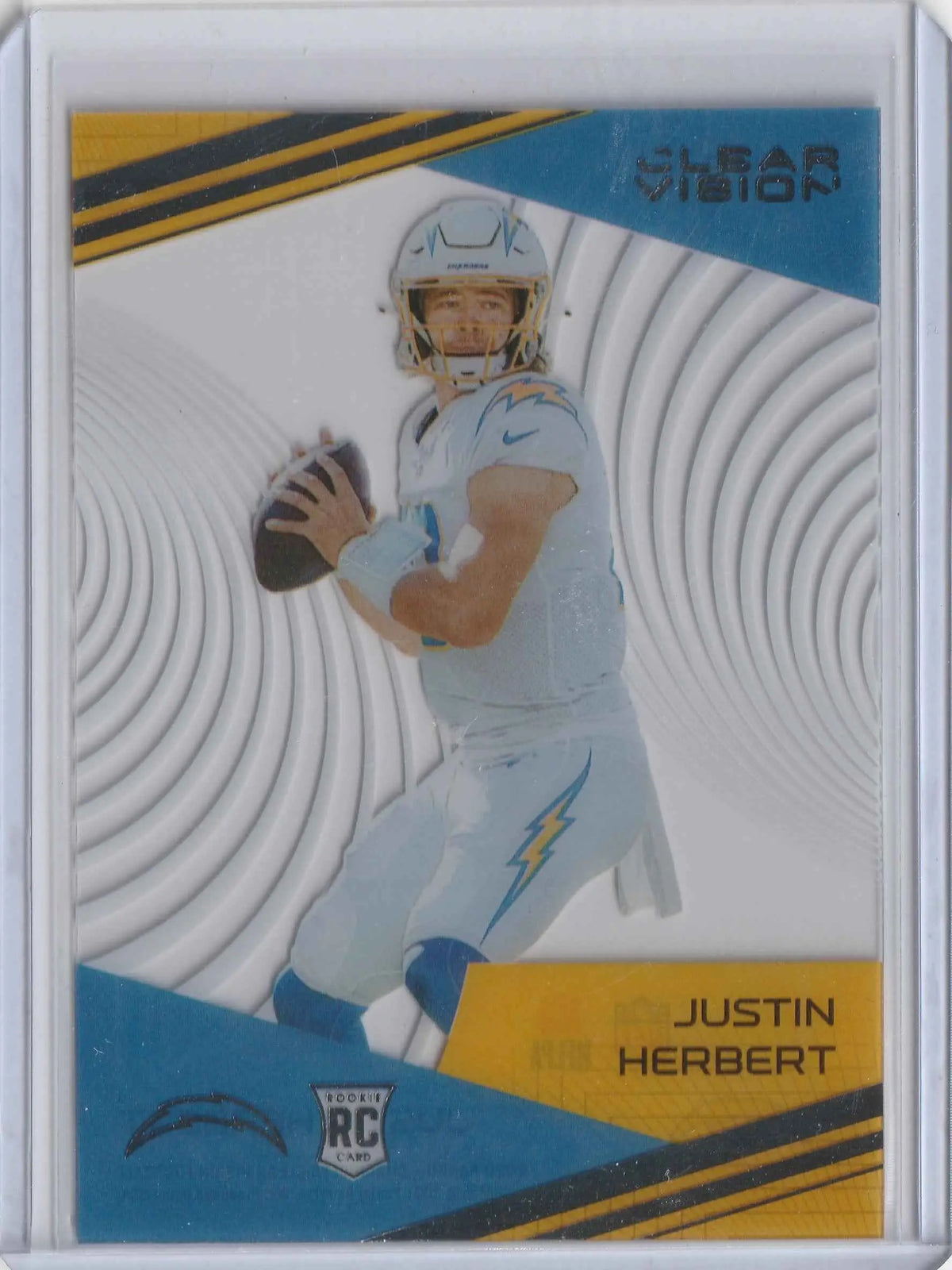 Justin herbert 2020 panini chronicles clear vision rookies football trading card mit blauem, gelbem und weißem design