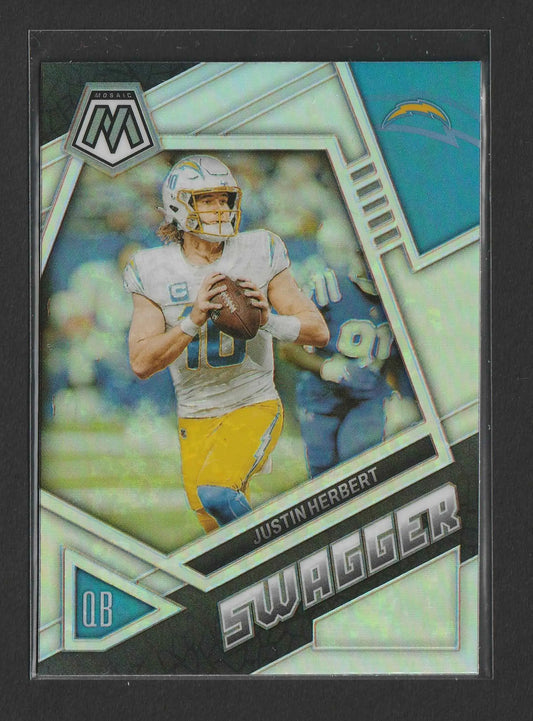 Silberner und grüner panini mosaic swagger trading card mit quarterbacks justin herbert in chargers uniform