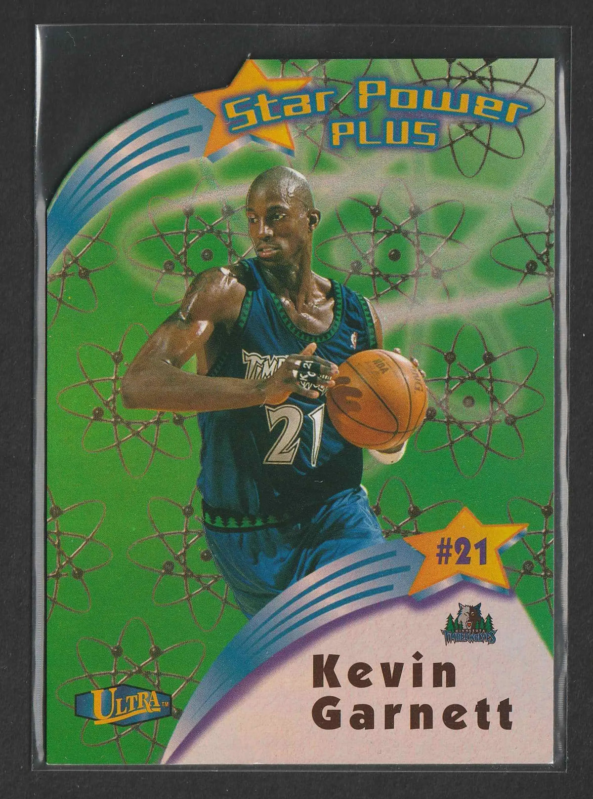 Kevin garnett basketball trading card in blue minnesota timberwolves jersey with number 21 on green purple star power plus background