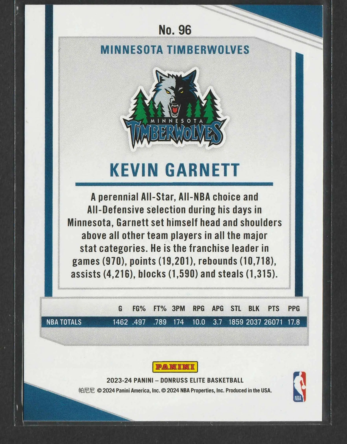 Rückseite der kevin garnett 2023-24 panini donruss elite purple basketball trading card mit silberblauem minnesota timberwolves waldlogo
