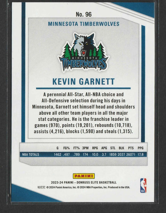 Rückseite der kevin garnett 2023-24 panini donruss elite purple basketball trading card mit silberblauem minnesota timberwolves waldlogo