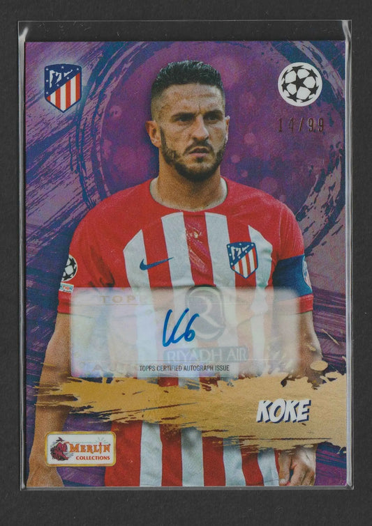 Signierte koke fußball trading card in atlético madrid trikot mit violettem auto 14 von 99 topps 2023 24
