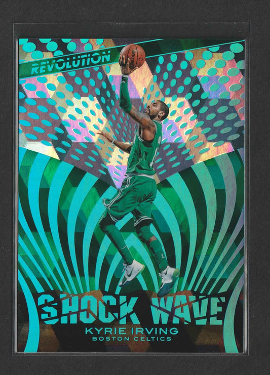 Ein lebhaft grüner und teal holografischer basketball trading card mit kyrie irving im boston celtics trikot in der luft