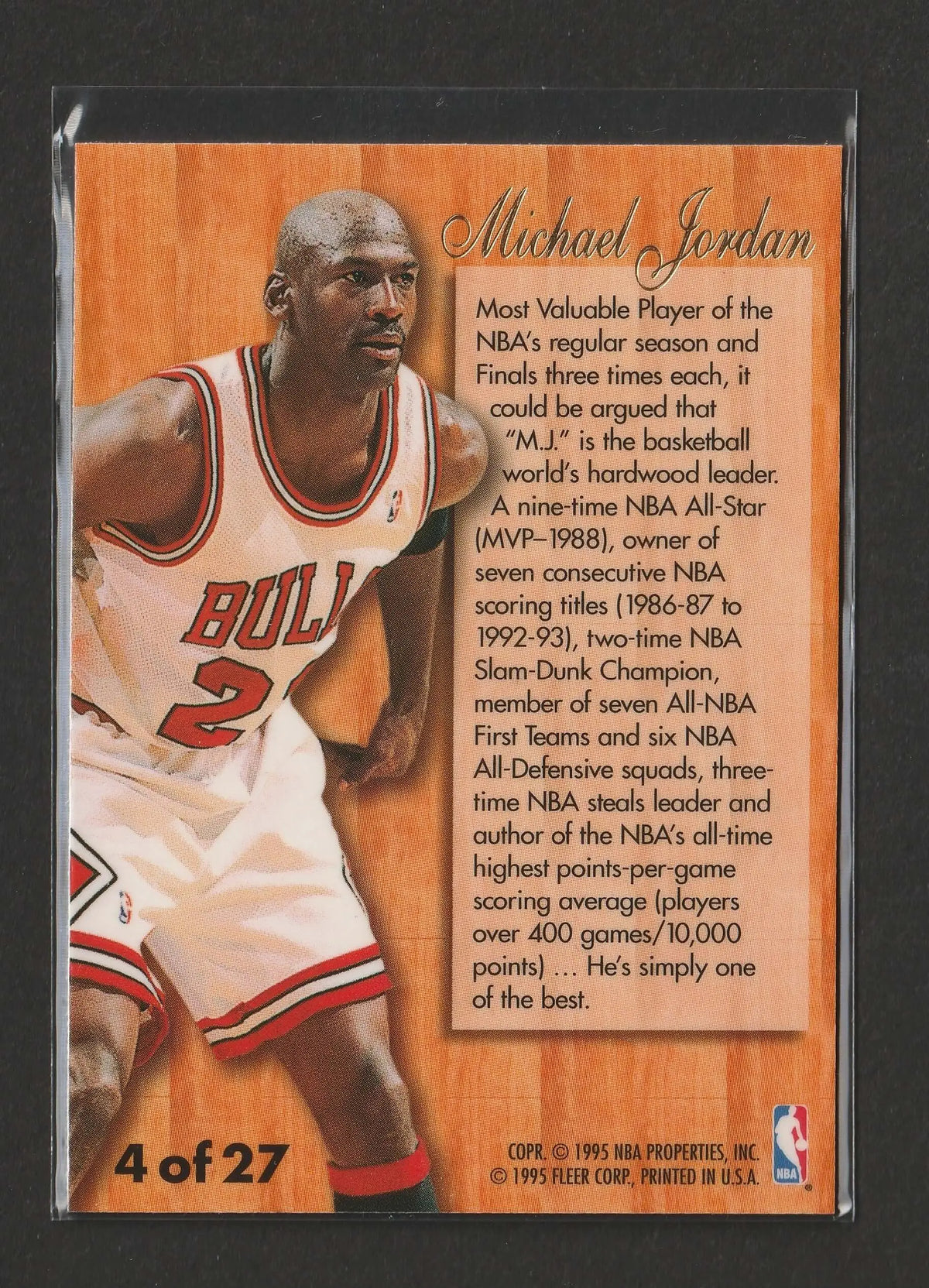 Michael Jordan basketball trading card 1995-96 Fleer Flair Hardwood Leader nummer 4 mit weißem Chicago Bulls Trikot