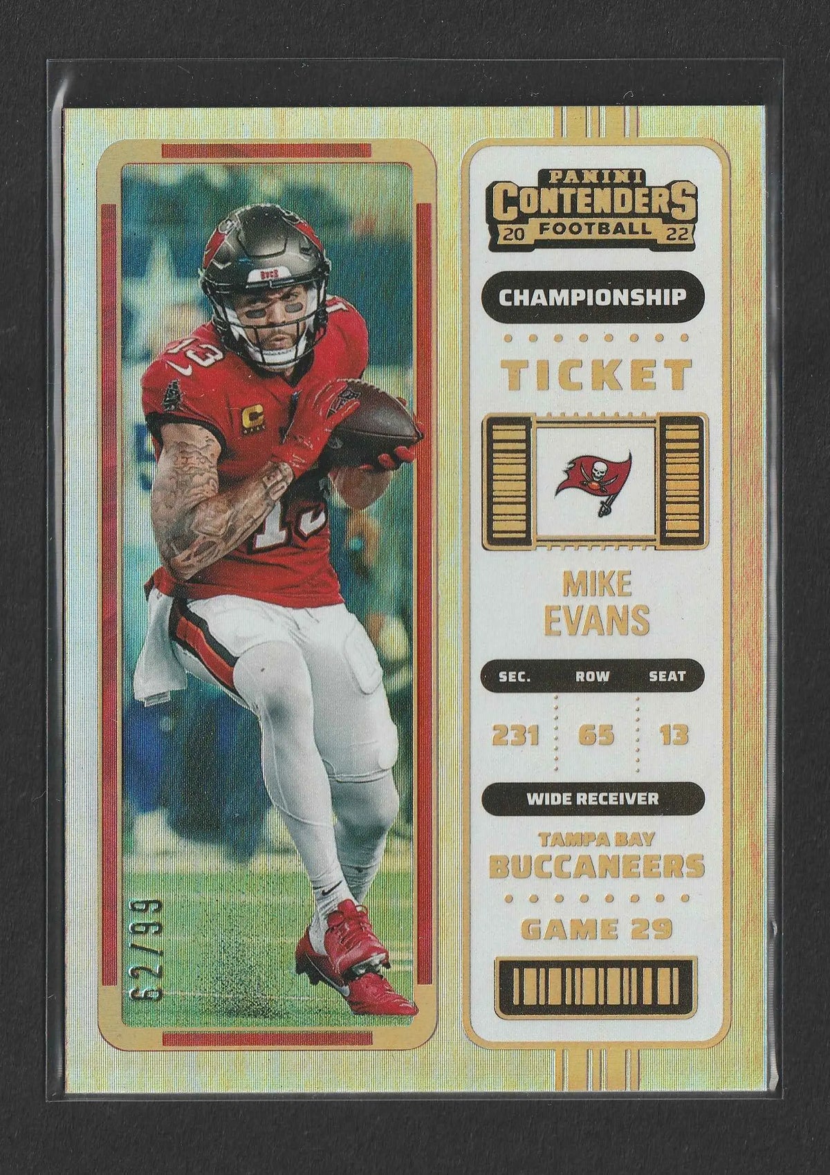 Mik e evans 2022 panini contenders championship ticket silber 62 von 99 mit glänzendem gold und silber rand in tampa bay buccaneers uniform