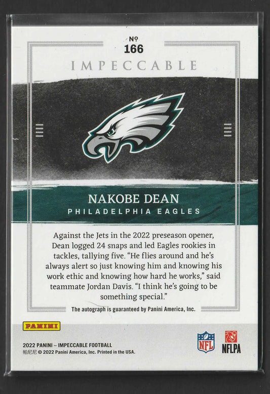 Philadelphia eagles football trading card featuring nakobe dean 2022 Panini impeccable rc 35/99 encased in clear plastic