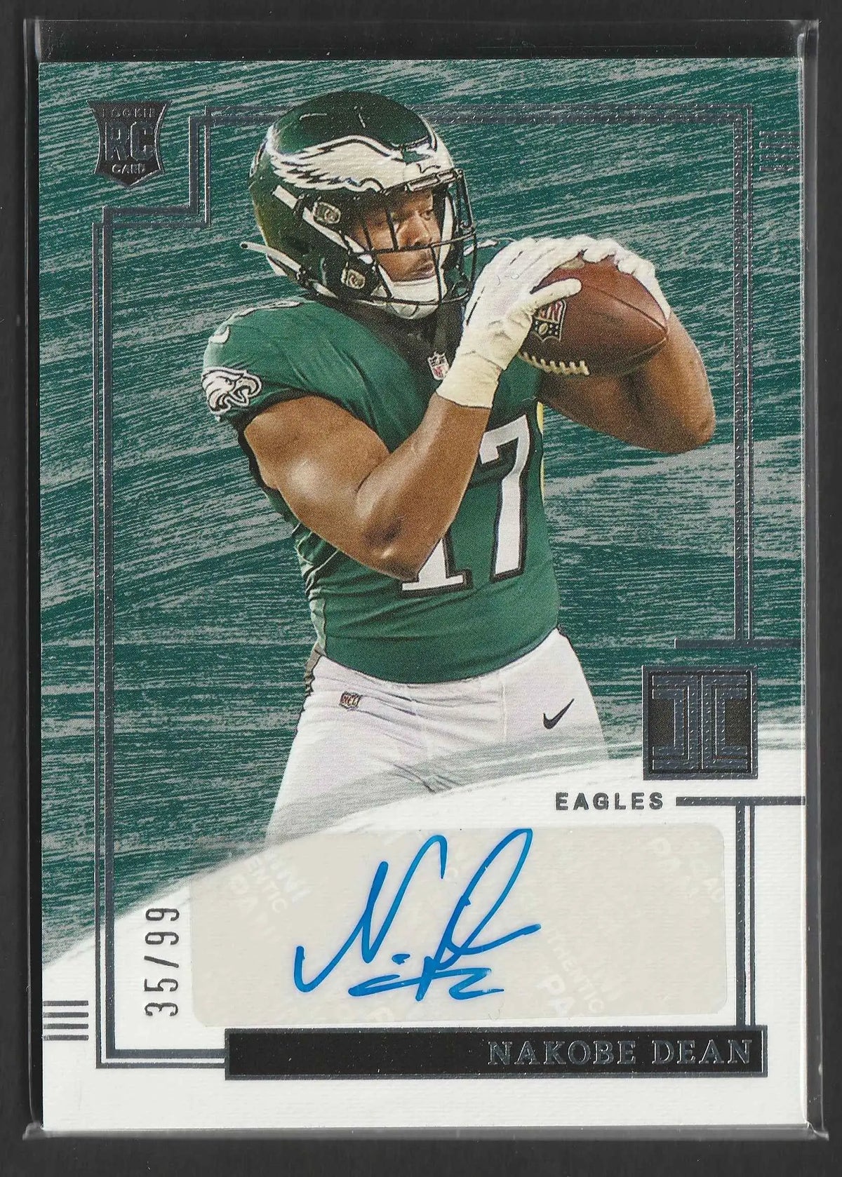 Nakobe dean 2022 panini impeccable football rc trading card mit autogramm in grünem philadelphia eagles trikot und helm