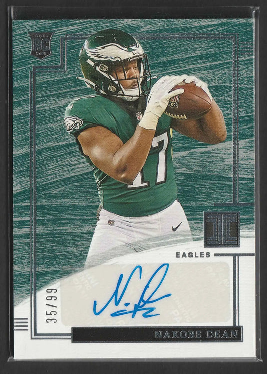 Nakobe dean 2022 panini impeccable football rc trading card mit autogramm in grünem philadelphia eagles trikot und helm