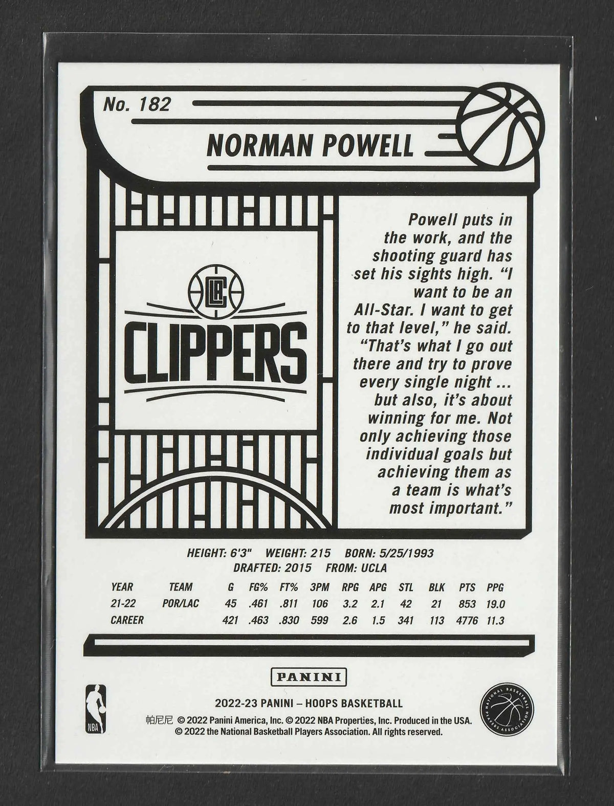 Schwarz-weiße basketball-sammelkarte von norman powell clippers 2022-23 panini nba hoops blue explosion 51/59 nr 182