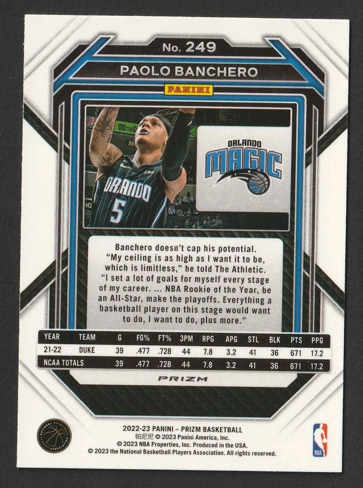 Dies ist eine 2022/23 panini prizm basketball trading card von paolo banchero in orlando magic jersey