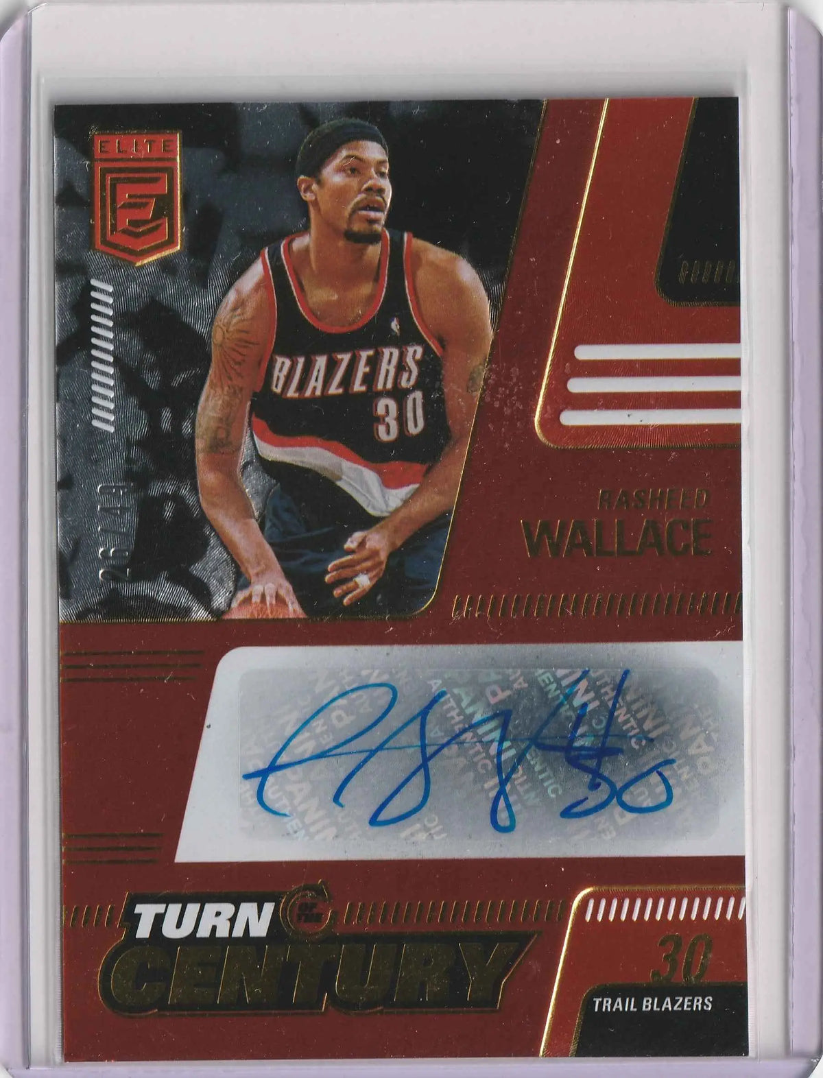 Dies ist eine rot-schwarze basketball-sammelkarte rasheed wallace trail blazers nummer 30 mit autograph klarfenster