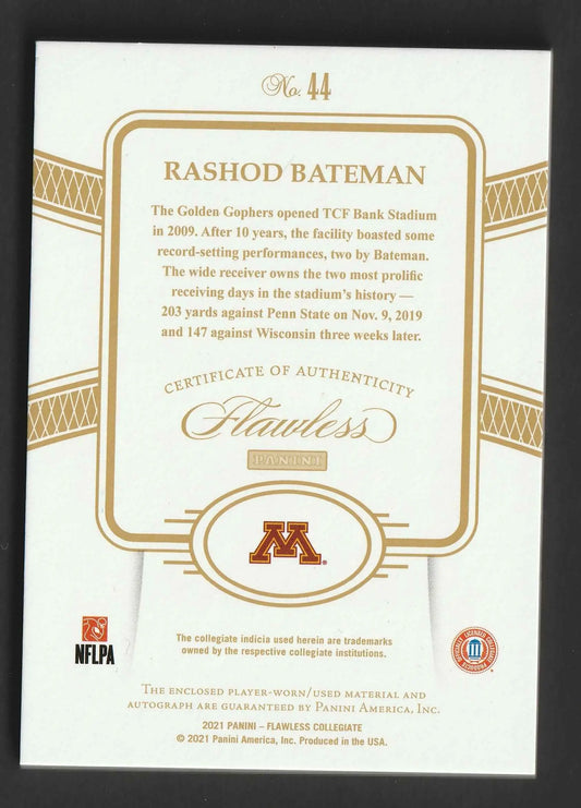 Gold und weißes echtzertifikat für rashod bateman mit minnesota golden gophers logo in ravi sapphire rpa 2021