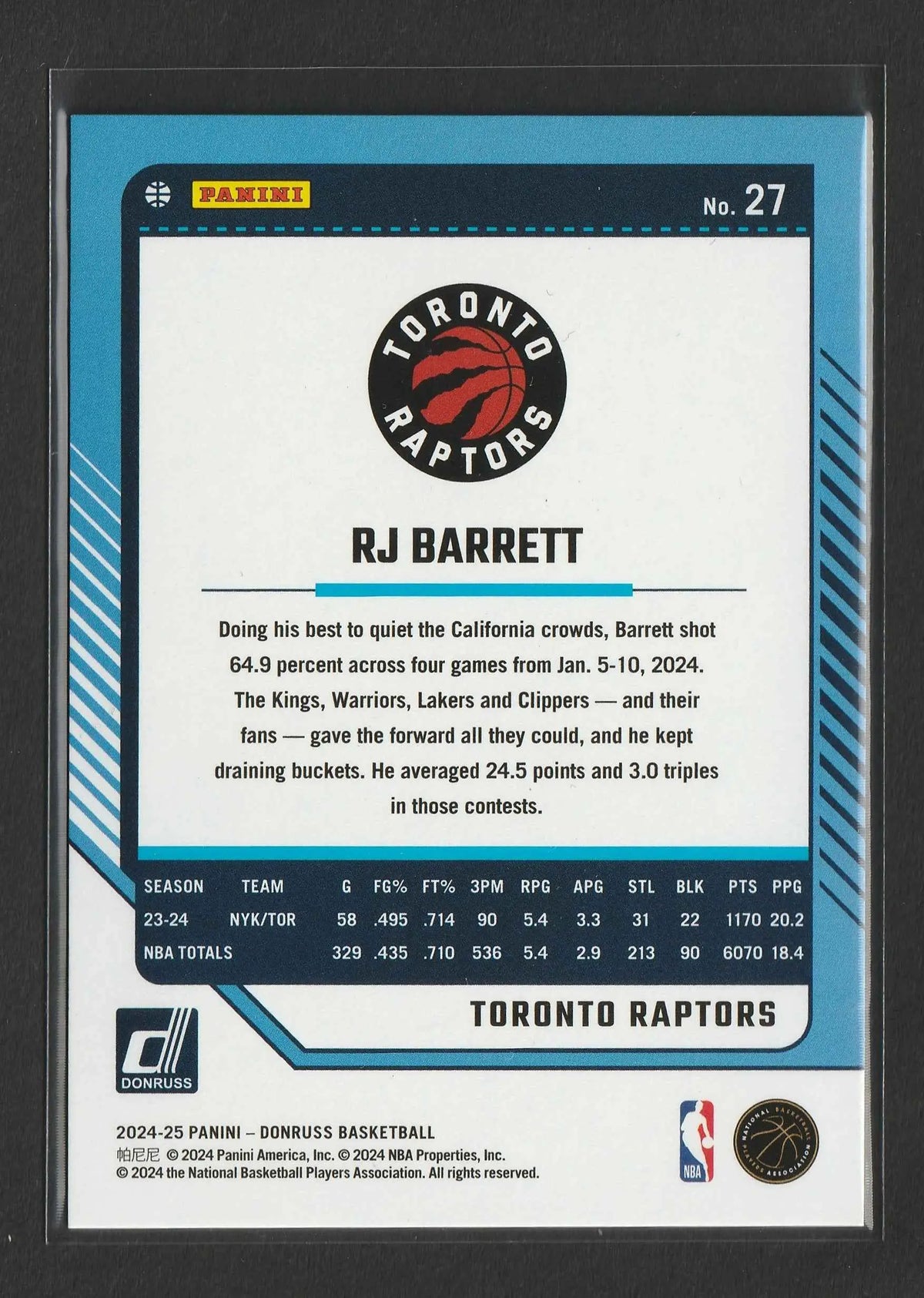Toronto raptors rj barrett basketball trading card 2024-25 panini donruss swirlorama blau weiß schwarz text