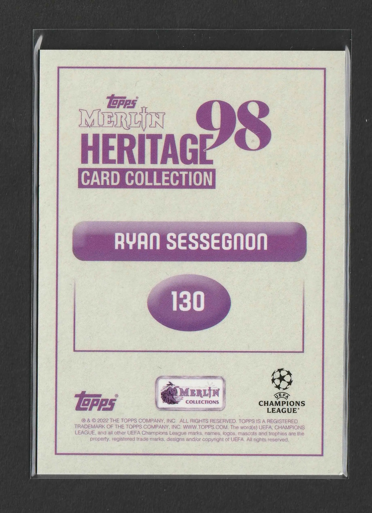 Lila und weiße topps merlin heritage 98 champions league trading card mit ryan sessegnon nummer 130 auto 79 von 99