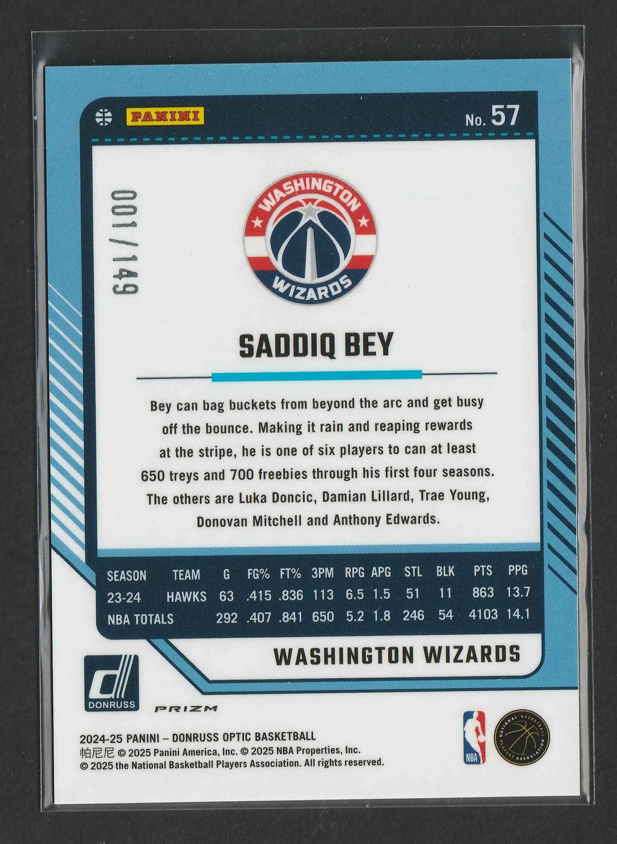 Dies ist eine panini donruss 2024 25 prizm basketball trading card von saddiq bey in blau und weiß design