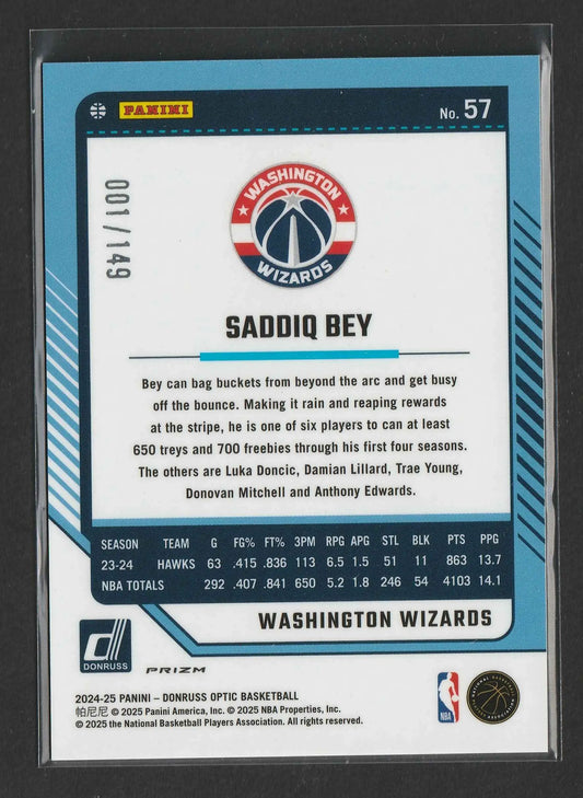 Dies ist eine panini donruss 2024 25 prizm basketball trading card von saddiq bey in blau und weiß design