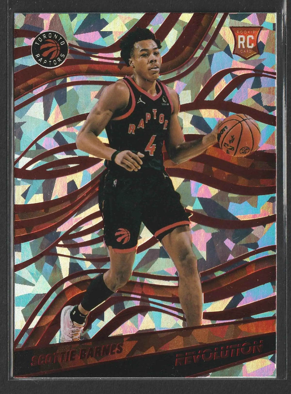 Glänzende holographische basketball-sammelkarte mit scottie barnes im schwarzen toronto raptors-trikot nr 4