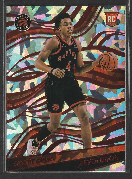 Glänzende holographische basketball-sammelkarte mit scottie barnes im schwarzen toronto raptors-trikot nr 4