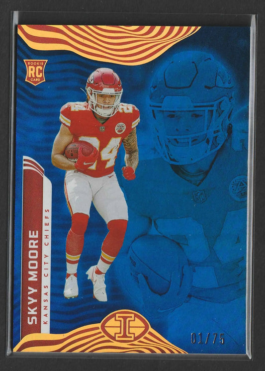 Red and white kansas city chiefs rookie football trading card featuring skyy moore in action from panini illusions trophy collection