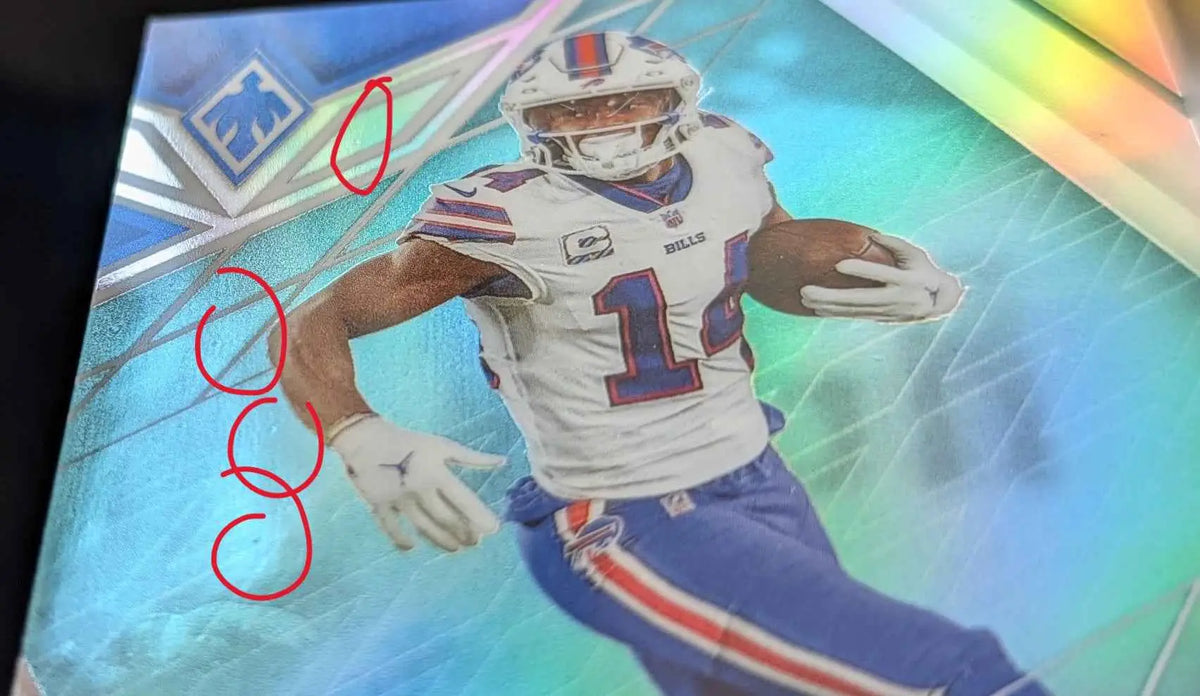Ein lebendiger holographischer football trading card mit stefon diggs im weißen und blauen buffalo bills uniform nummer 15, hält einen braunen football, 2022 panini phoenix teal 001/150 nummer 1