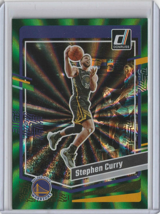 Stephen curry 2023-24 panini donruss trading card mit grün-lila holografischem hintergrund