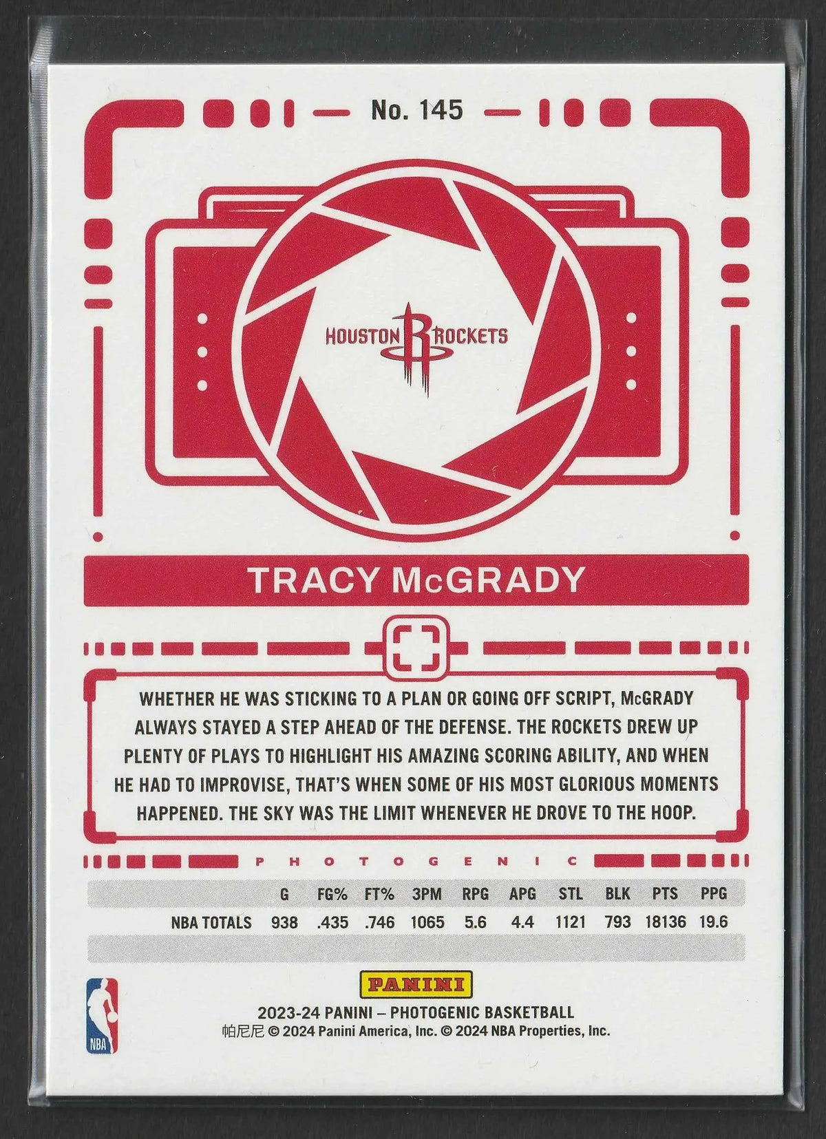 Rote und weiße Houston Rockets Sammelkarte mit Tracy McGrady Namen, Statistiken und Kameraobjektiv-Design