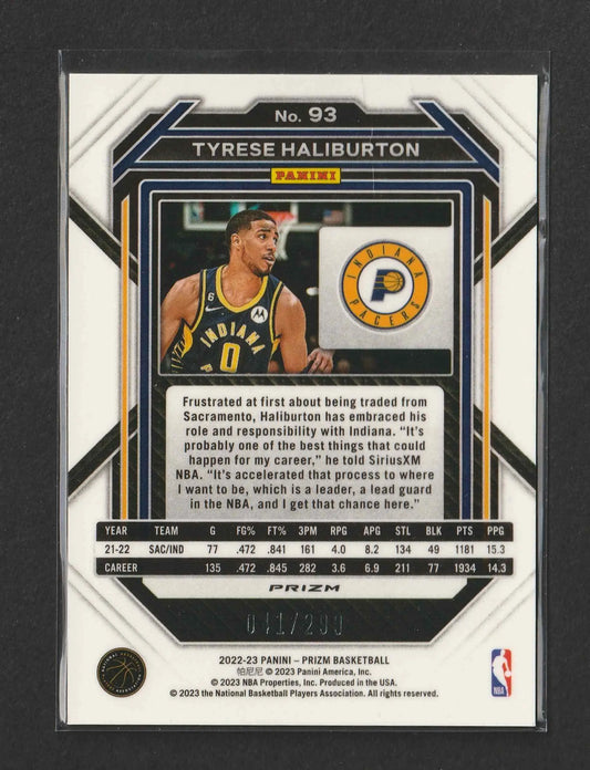 Dies ist eine panini prizm basketball trading card von tyrese haliburton in seinem indiana pacers trikot